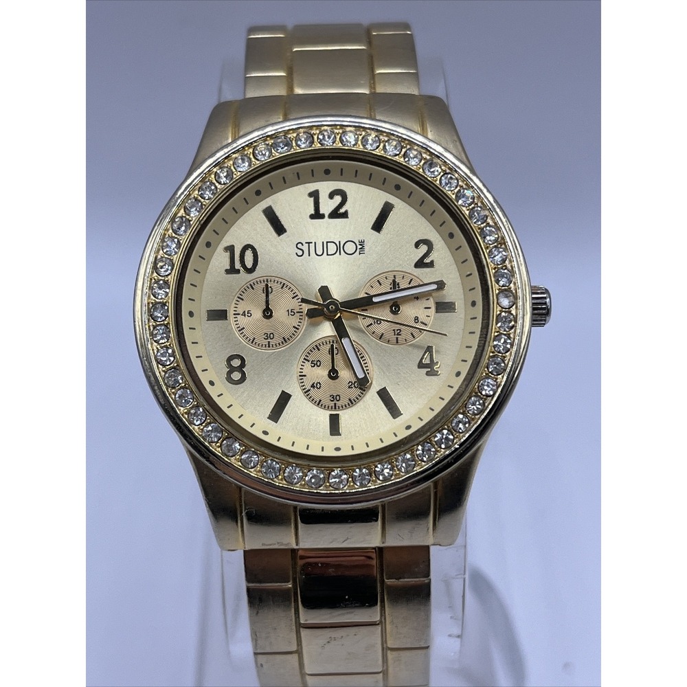 Studio Time Women's Quartz Hinge Bangle Gold Tone Rhinestone Bezel- New‎ Battery